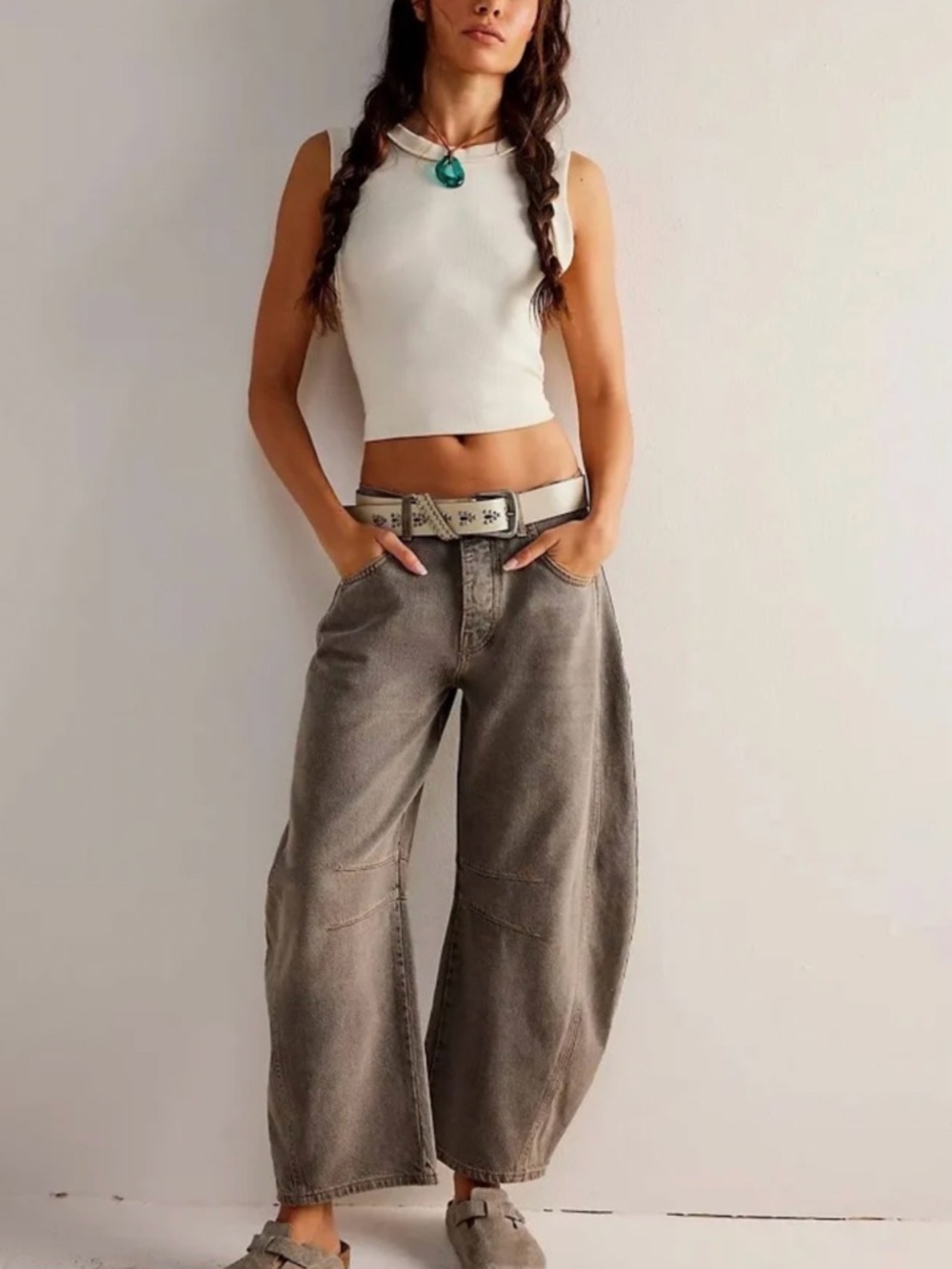 We The Free Good Luck Mid-Rise Barrel Jeans in Archive Grey